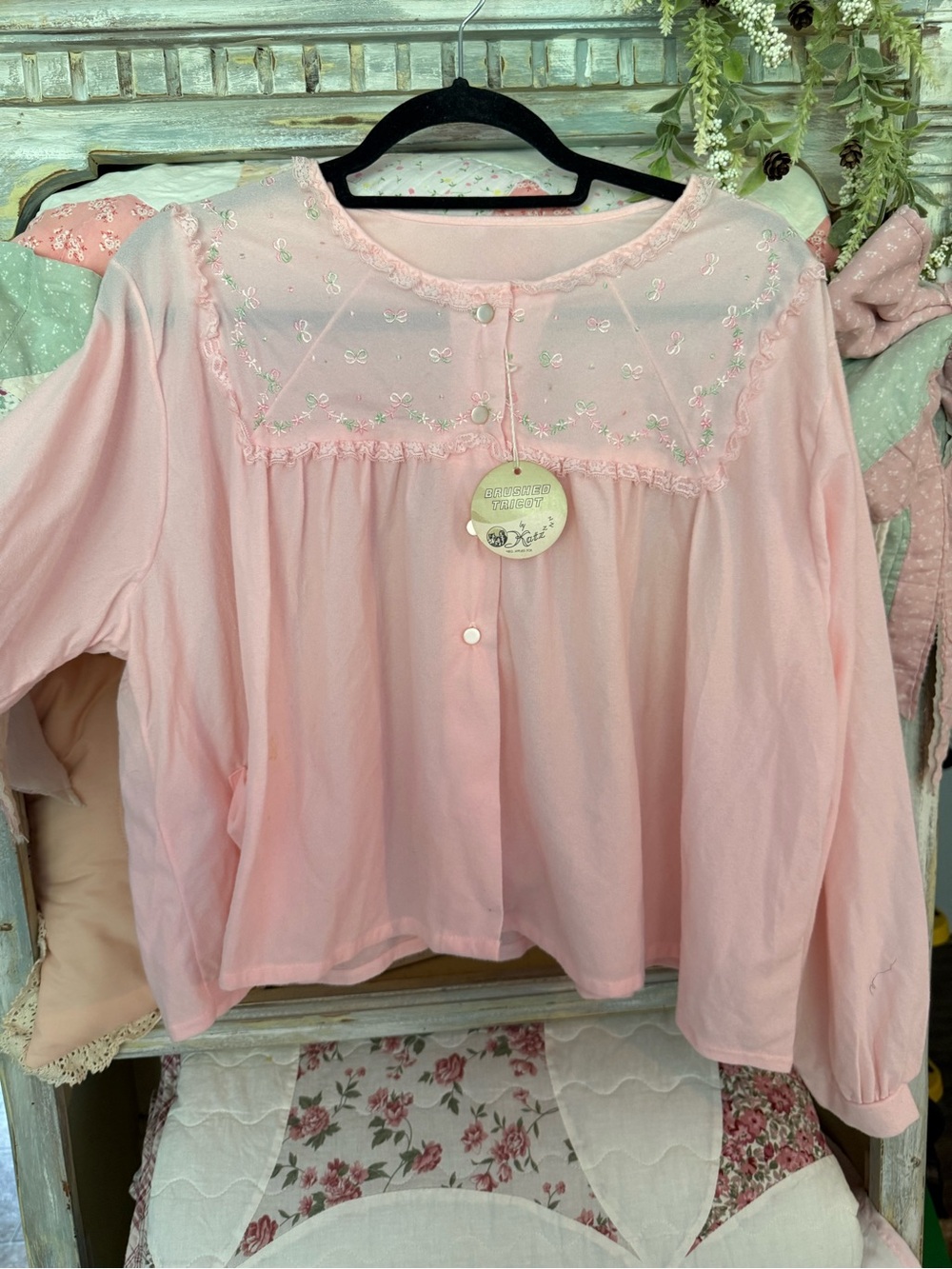 Vintage Light Pink Embroidered Button-Front Blouse